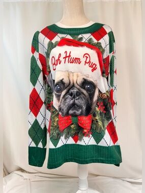 Faux Real Christmas Holiday Pug Novelty Long Sleeve Top Size Large